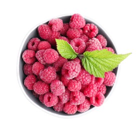 Bowl of fresh ripe raspberries with green leaves isolated on white, top view