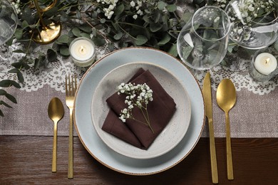 Photo of Stylish elegant table setting for festive dinner, flat lay