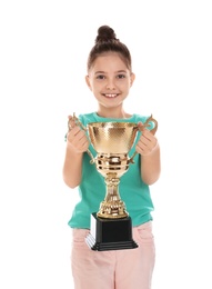 Photo of Happy girl with golden winning cup isolated on white