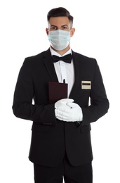 Photo of Waiter in medical mask with notepad on white background
