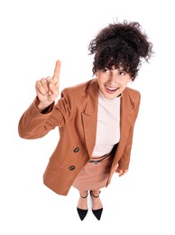 Photo of Beautiful businesswoman in suit pointing at something on white background, above view