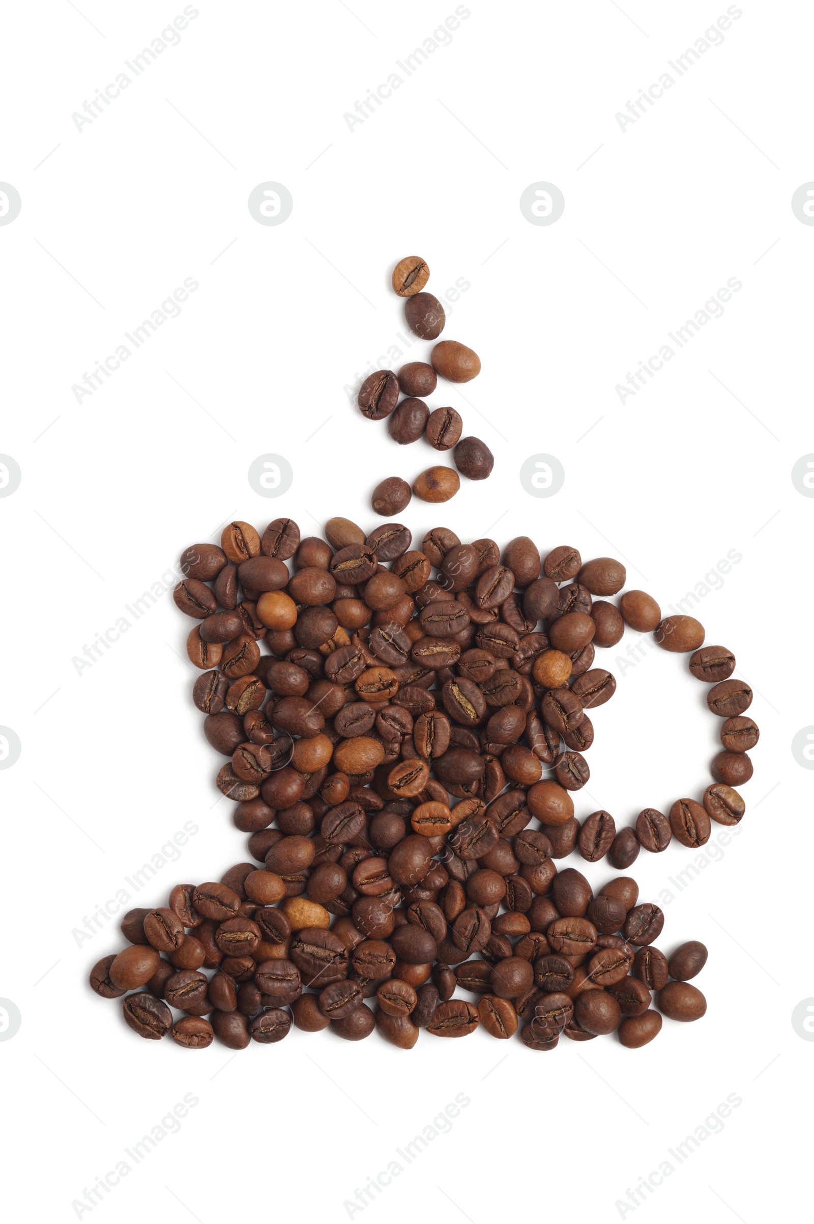 Photo of Cup of hot drink, composition made with coffee beans isolated on white, top view