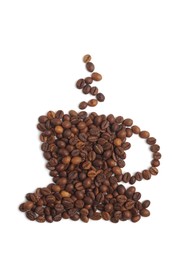 Cup of hot drink, composition made with coffee beans isolated on white, top view