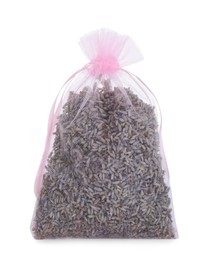 Scented sachet with dried lavender flowers isolated on white