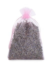 Photo of Scented sachet with dried lavender flowers isolated on white