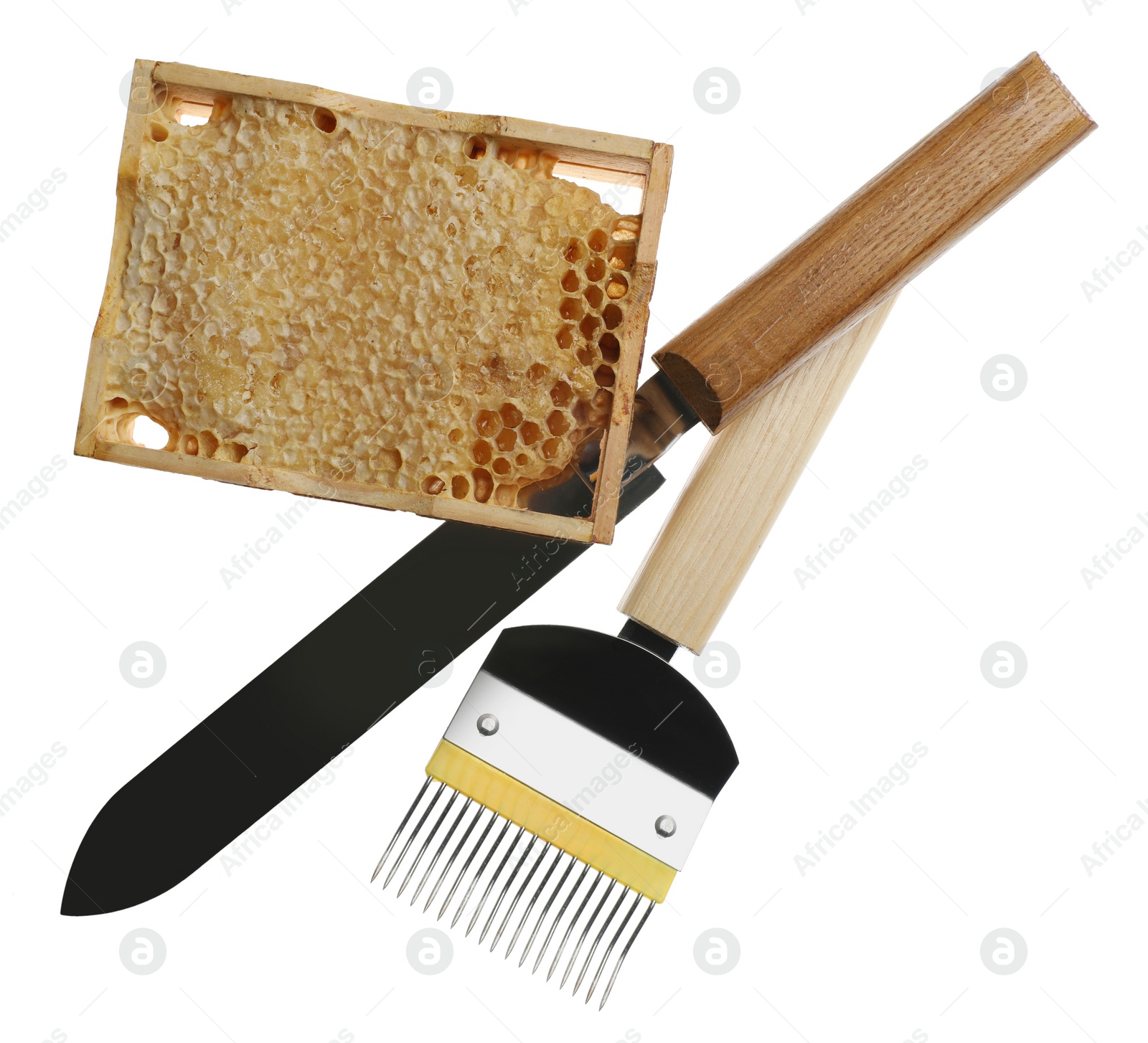 Photo of Beekeeping tools and hive frame with honeycomb on white background, top view