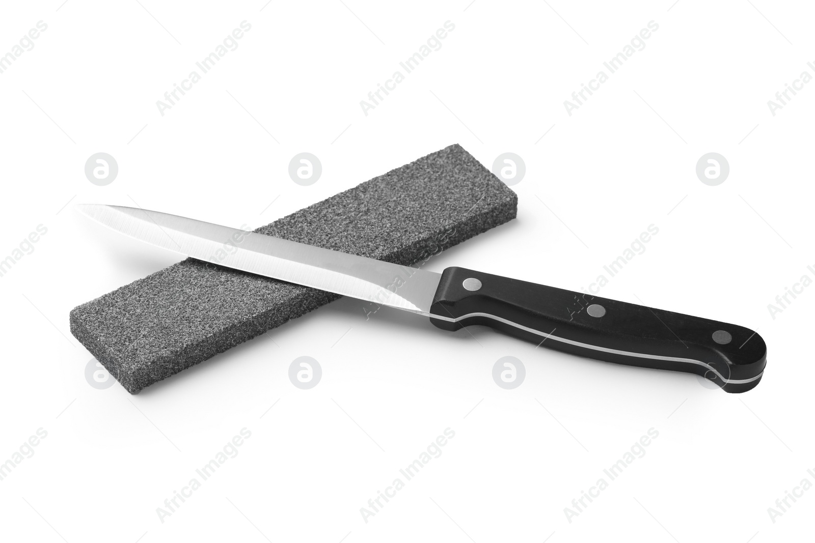 Photo of Sharp utility knife with grindstone isolated on white