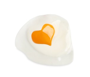 Image of Tasty fried egg with yolk in shape of heart on white background, top view