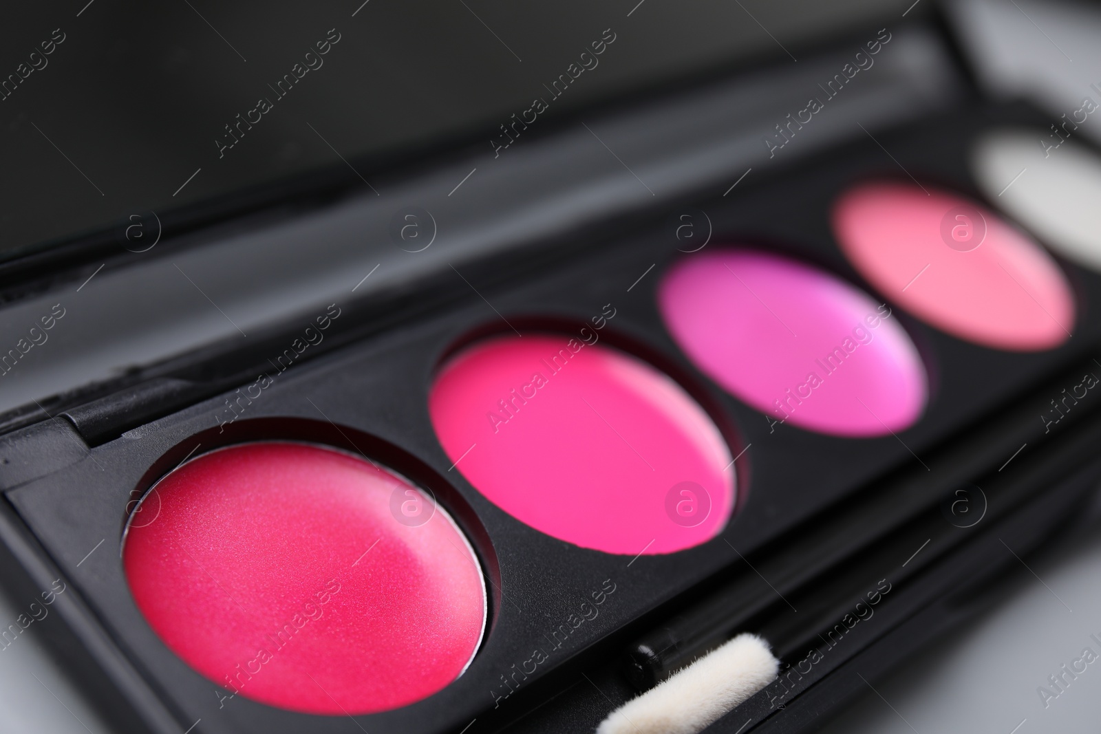 Photo of Colorful lip palette with brush as background, closeup. Professional cosmetic product