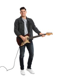 Photo of Man with electric guitar on white background. Music teacher