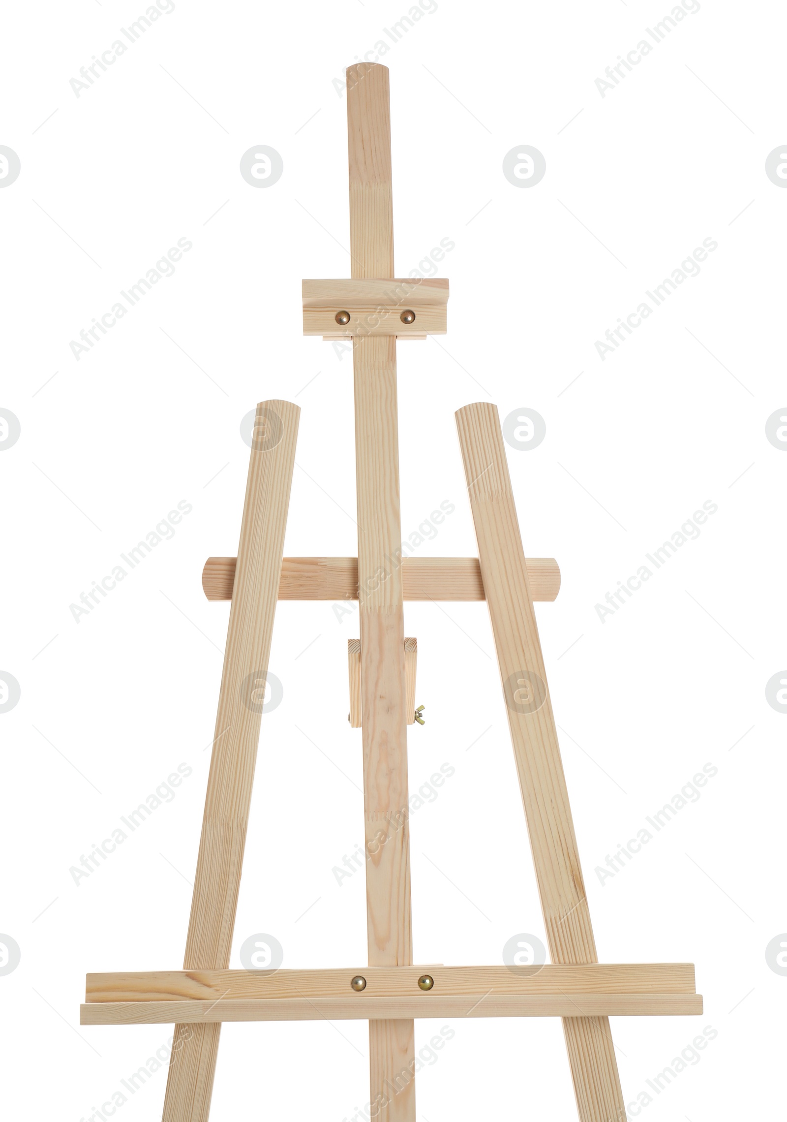 Photo of Empty wooden easel isolated on white. Equipment for art