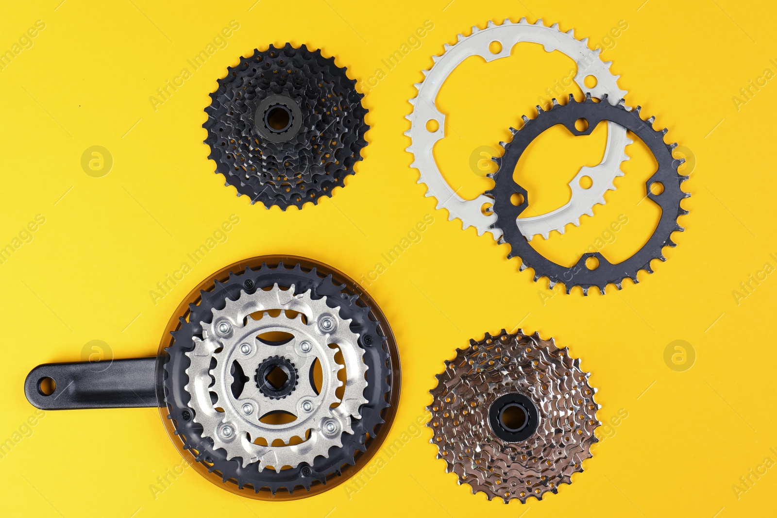 Photo of Set of different bicycle parts on color background, flat lay