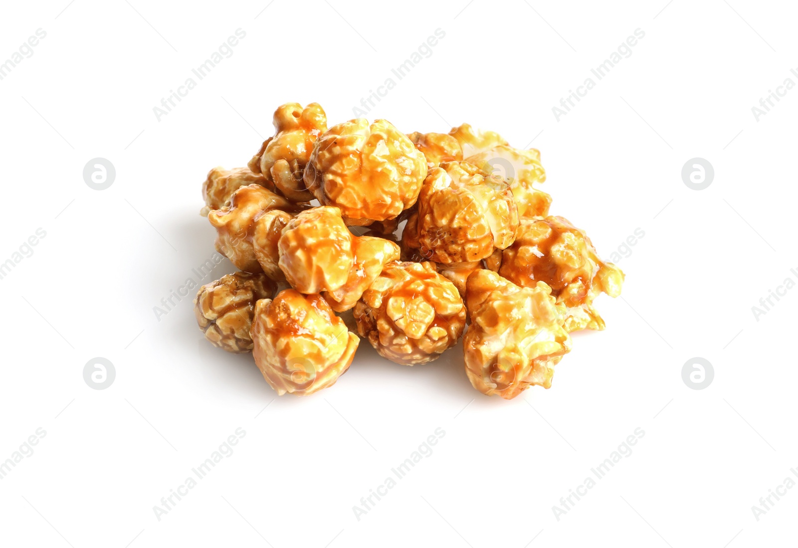 Photo of Delicious popcorn with caramel on white background