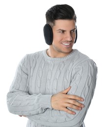 Photo of Man wearing stylish earmuffs on white background