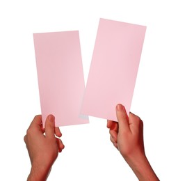 Man holding flyers on white background, closeup and space for text. Color tone effect