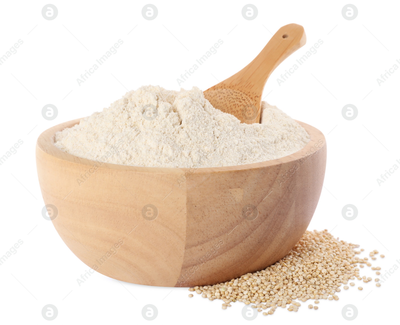 Photo of Quinoa flour in wooden isolated on white