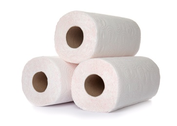 Photo of Rolls of toilet paper on white background