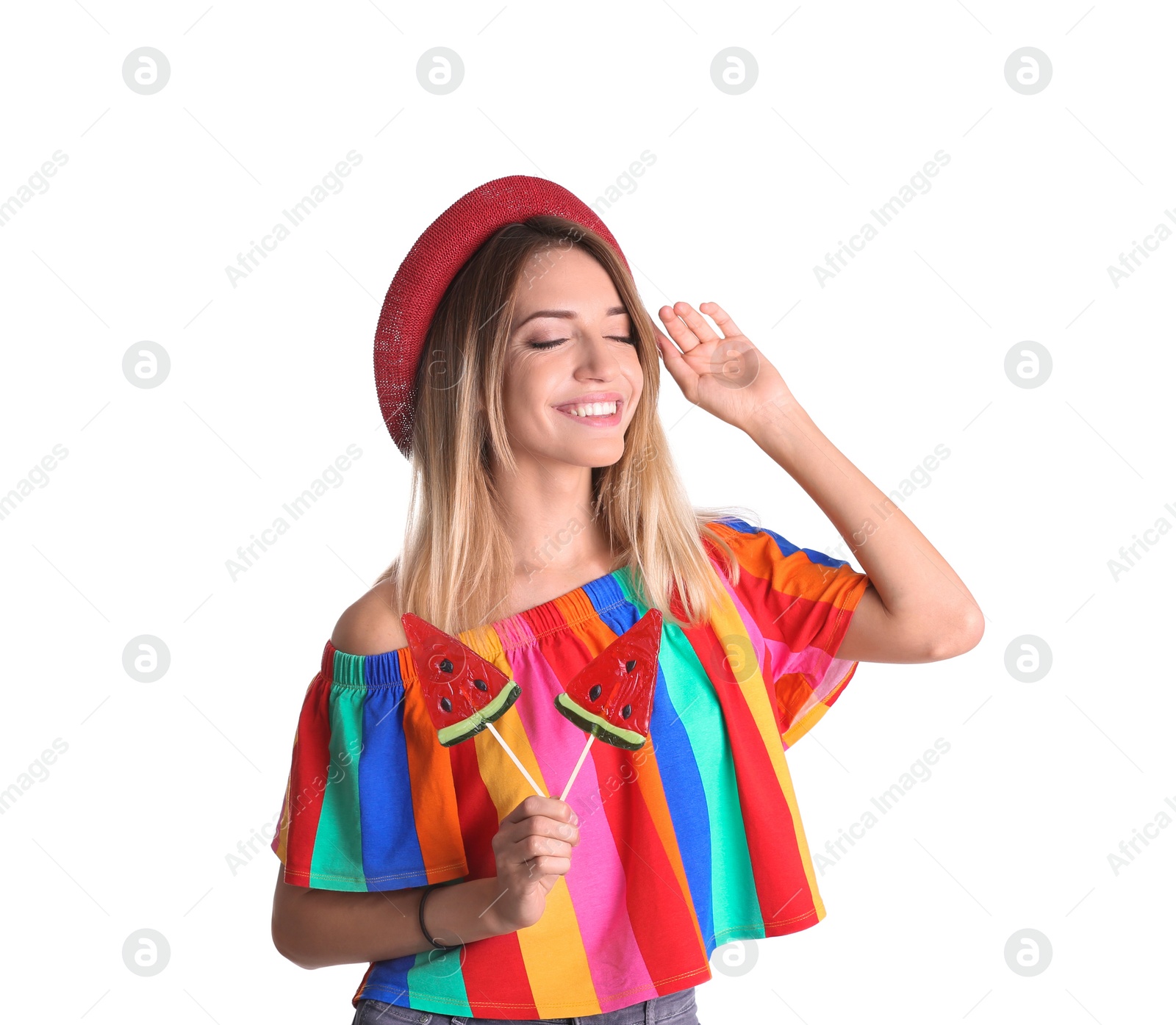 Photo of Young pretty woman with candies on white background