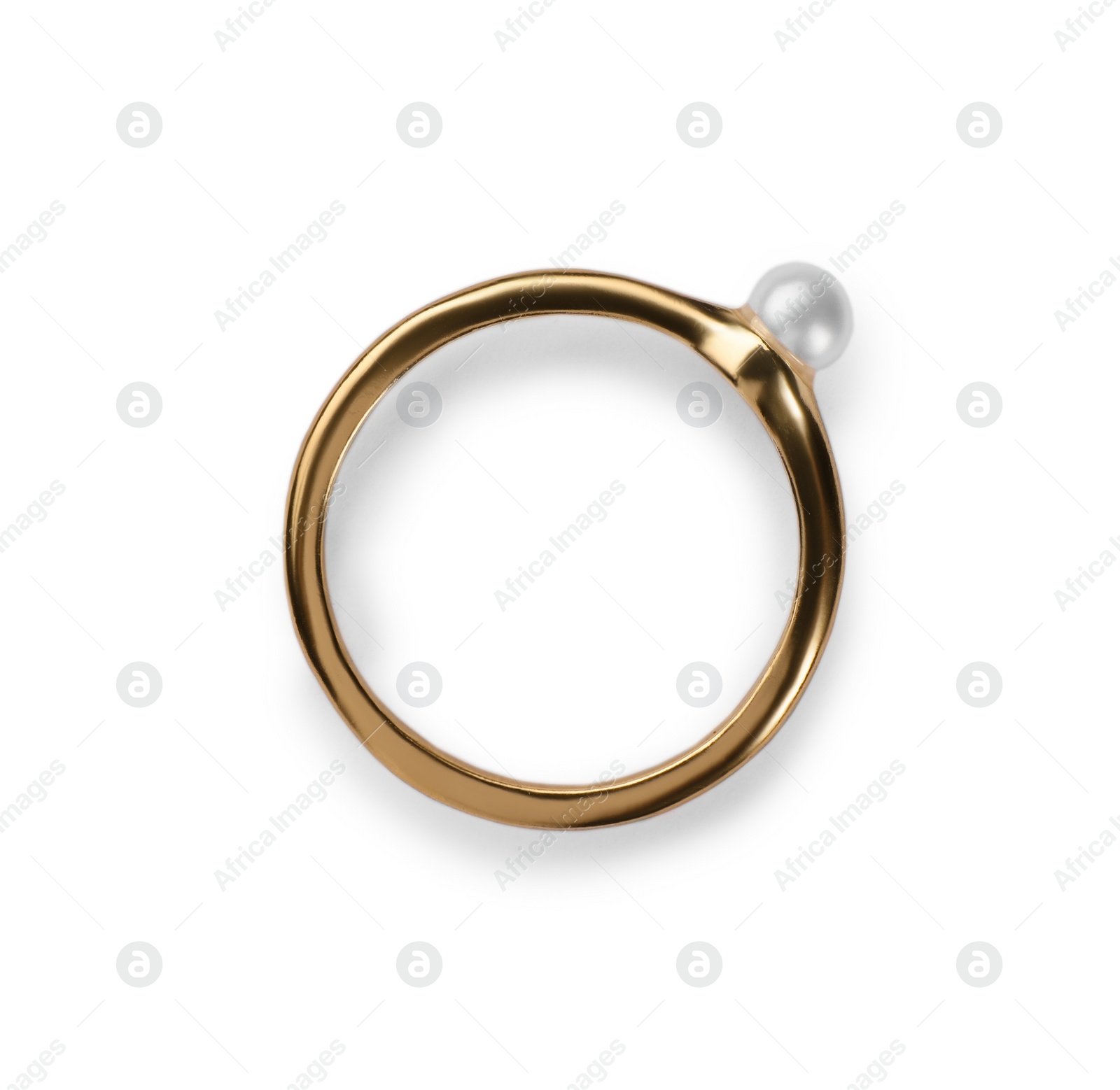 Photo of Elegant ring with pearls isolated on white, top view