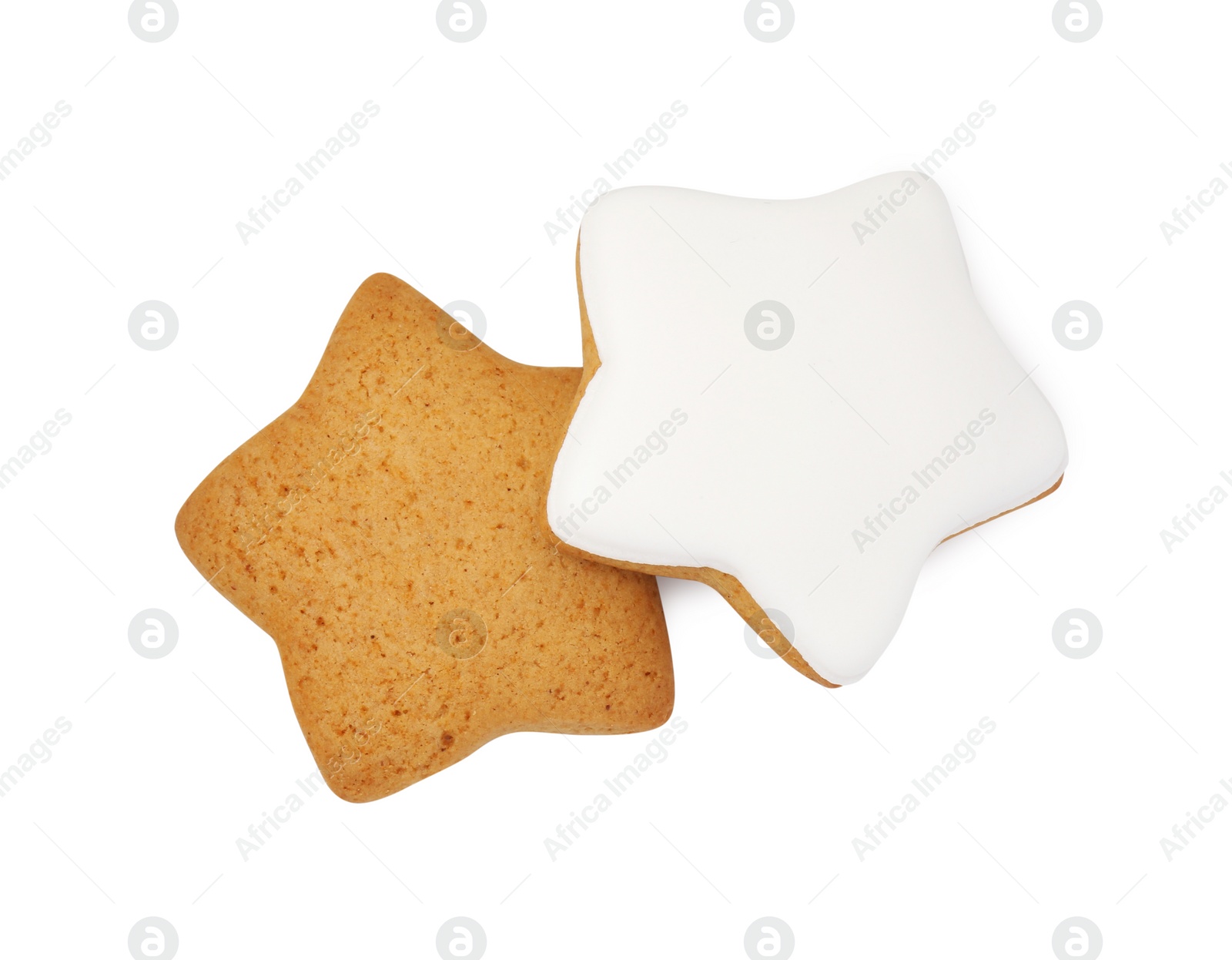 Photo of Tasty star shaped Christmas cookies with icing isolated on white, top view