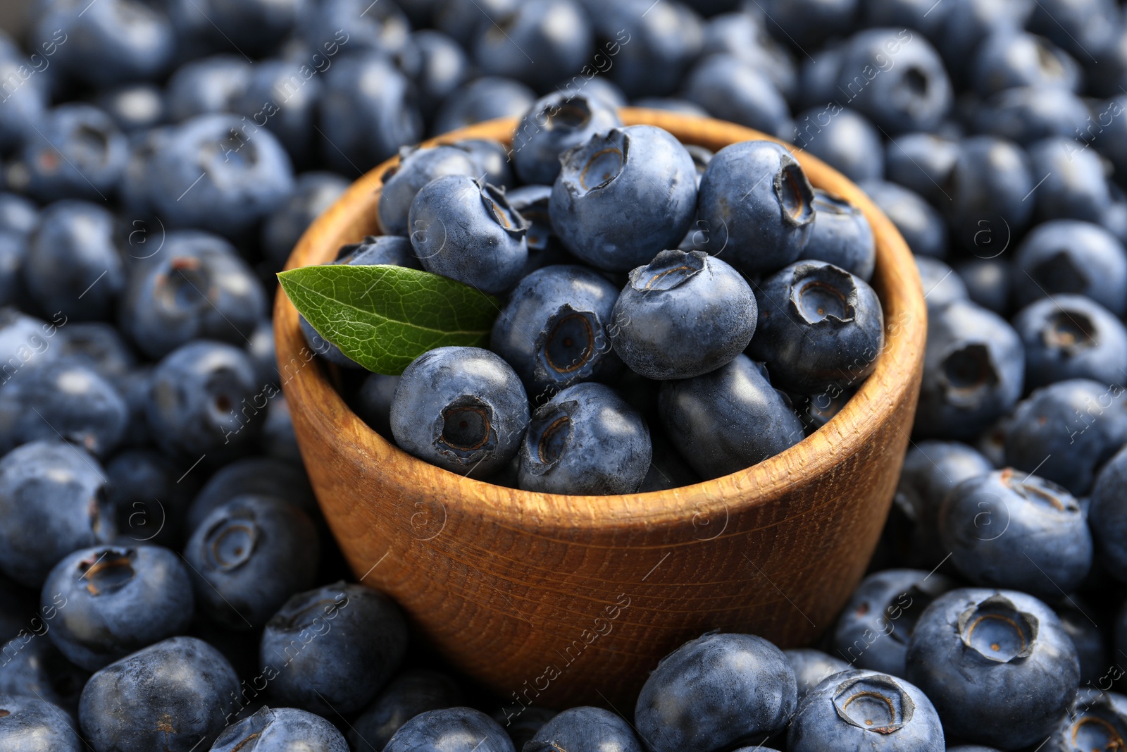 Photo of Tasty fresh blueberries and bowl, closeup view