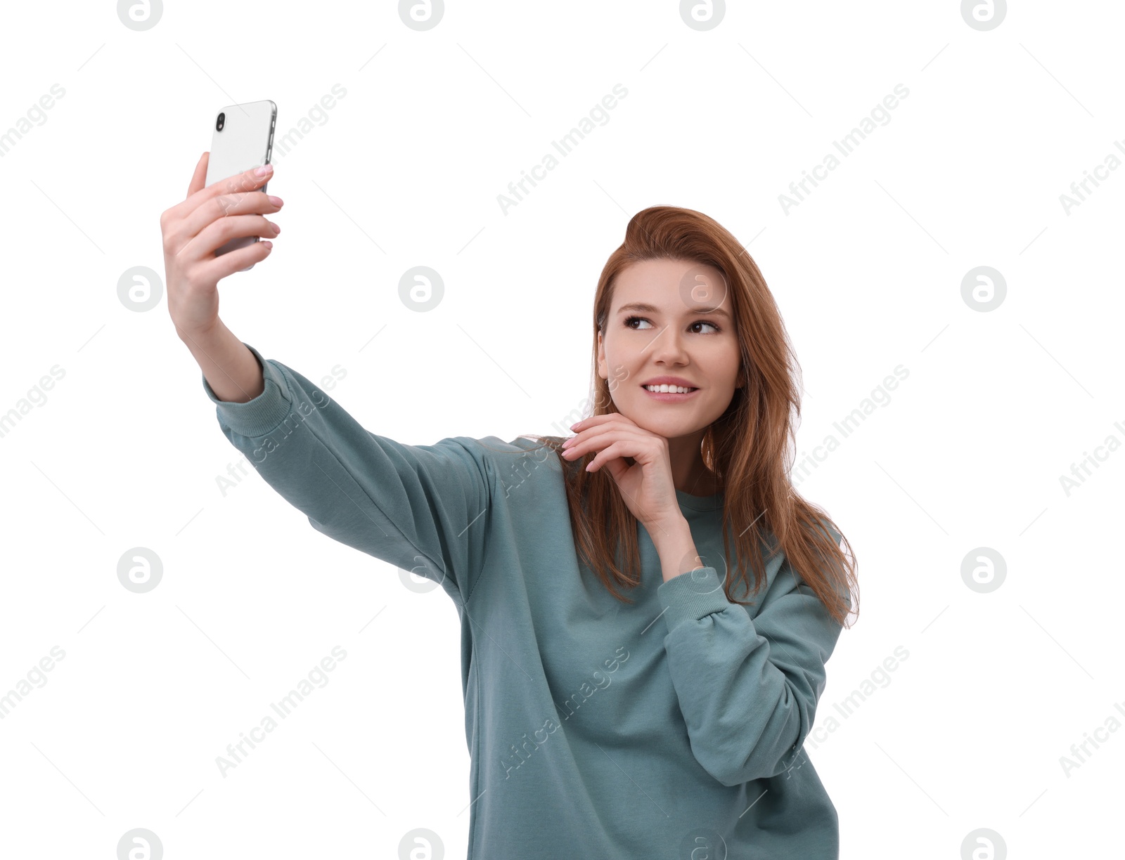 Photo of Beautiful woman taking selfie on white background