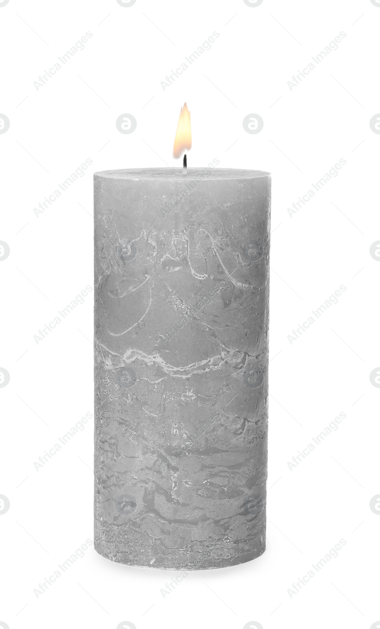 Photo of One alight wax candle on white background
