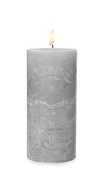 One alight wax candle on white background