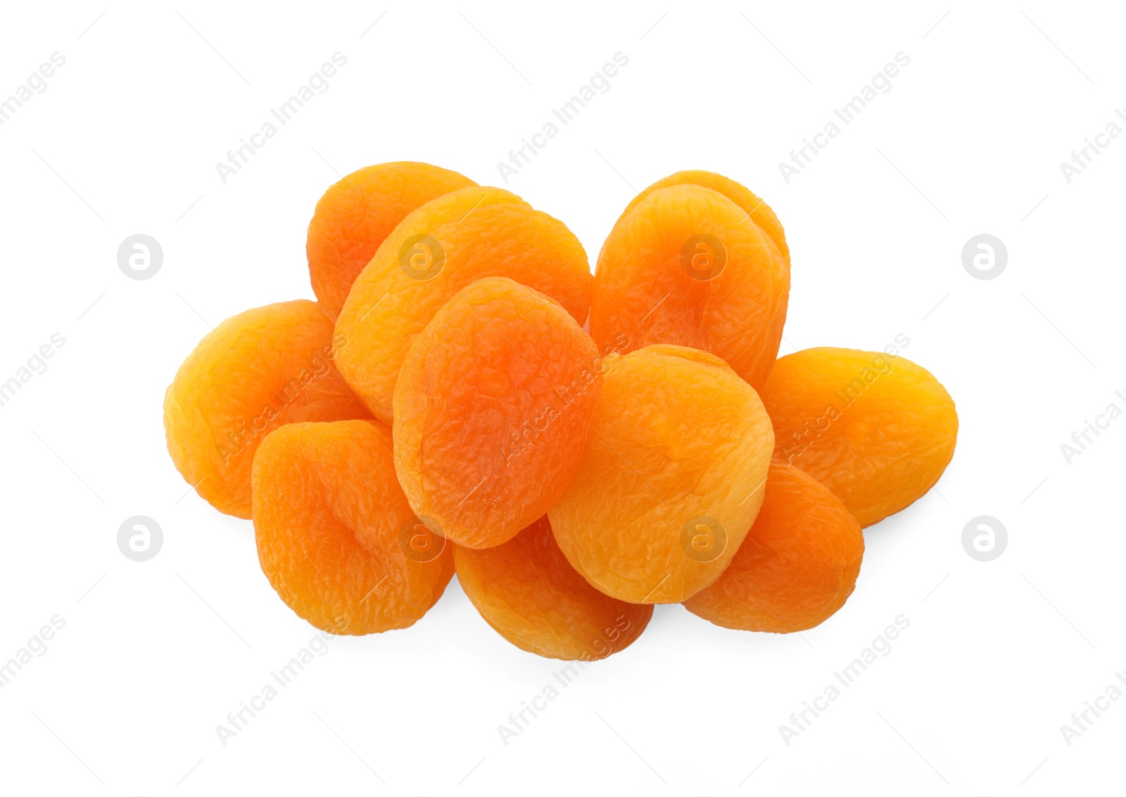 Photo of Pile of tasty apricots on white background, top view. Dried fruits