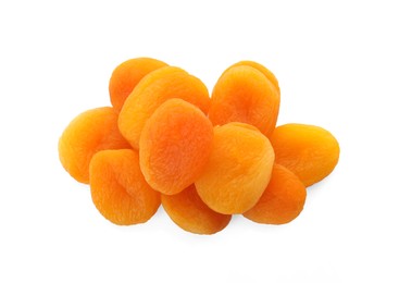 Photo of Pile of tasty apricots on white background, top view. Dried fruits