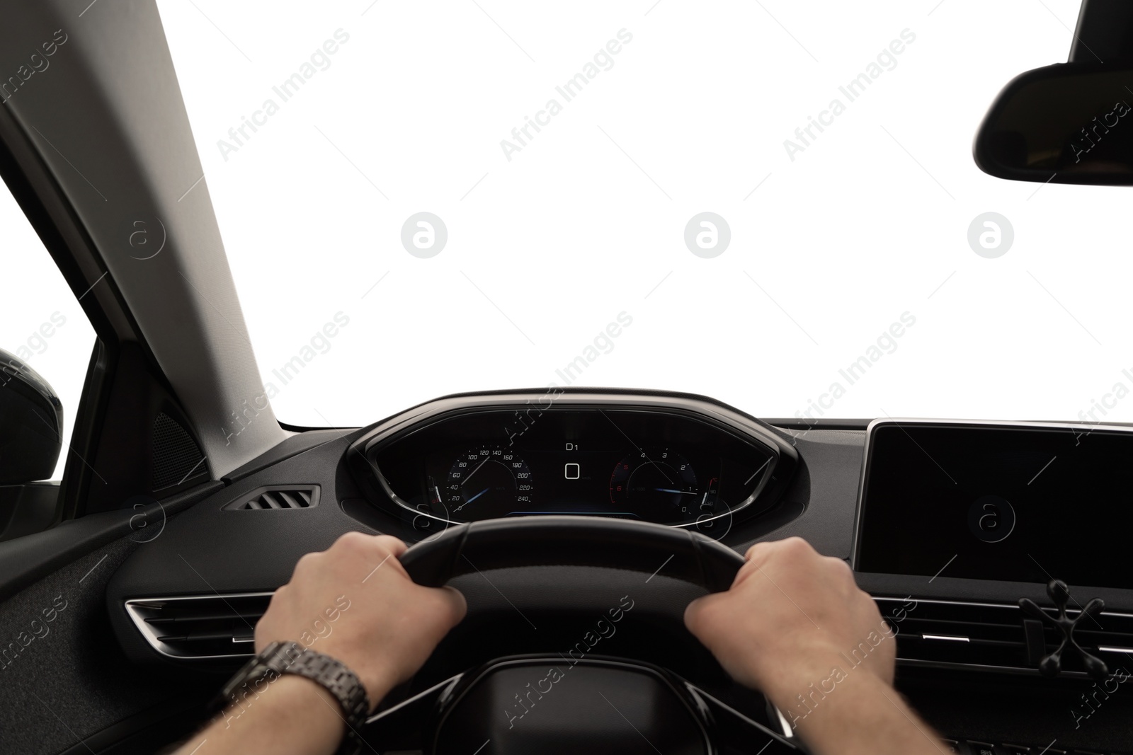 Photo of Speedometer and tachometer on dashboard. Man driving car, closeup