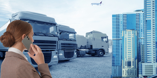 Image of Logistics concept. Businesswoman with phone, banner design. Trucks and buildings on background, toned in blue