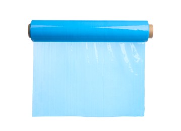 Roll of light blue stretch wrap isolated on white