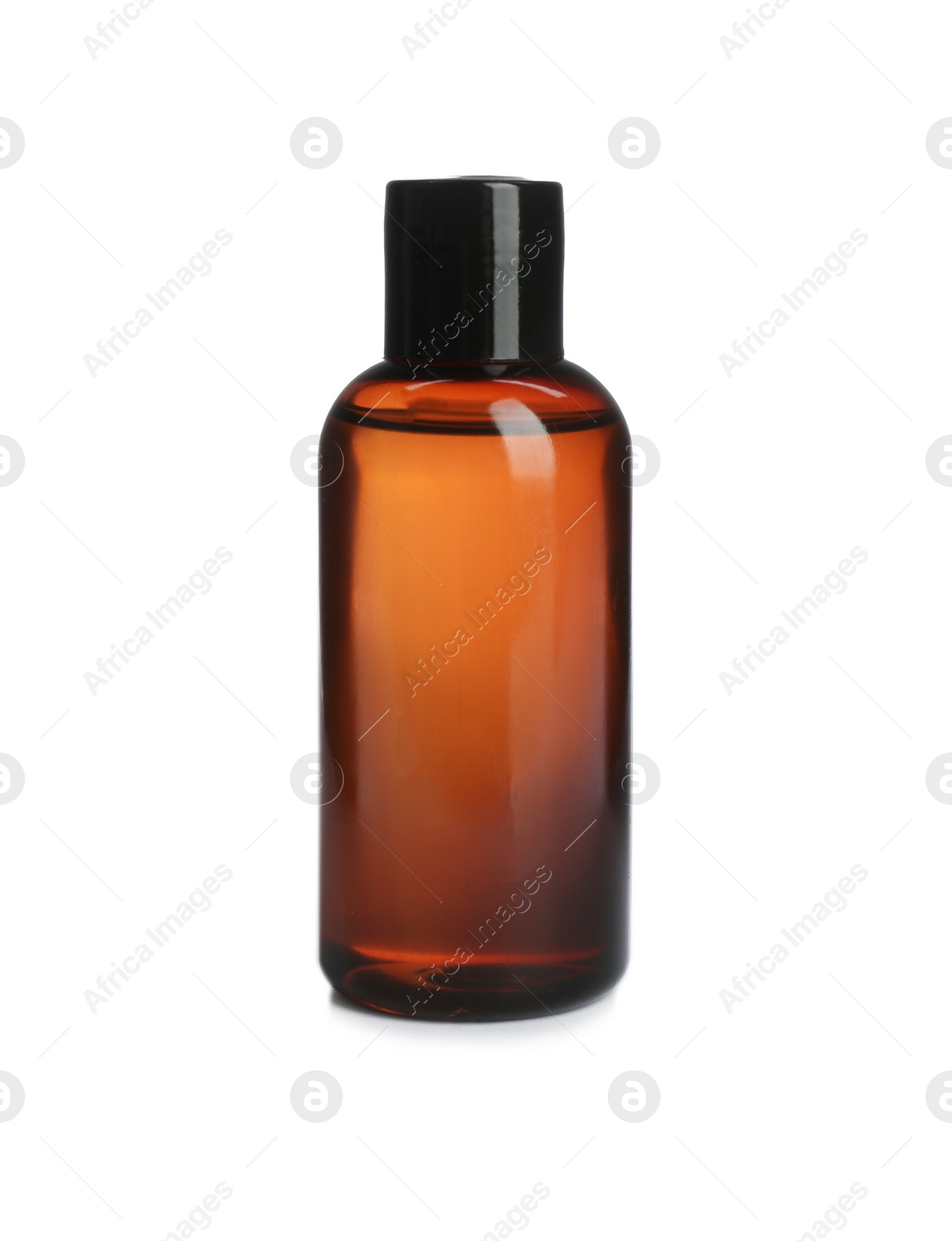 Photo of Mini bottle with cosmetic product on white background. Hotel amenity