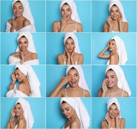 Image of Collage with photos of beautiful young woman with towels on light blue background