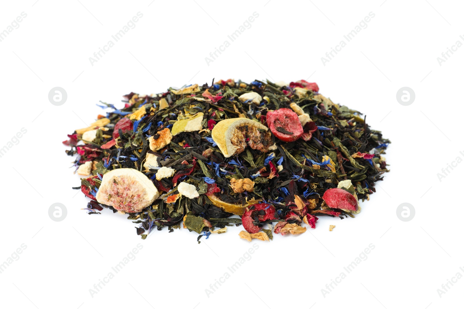 Photo of Pile of aromatic herbal tea isolated on white