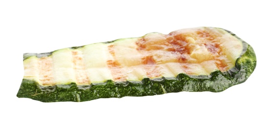 Photo of Delicious piece of grilled zucchini on white background