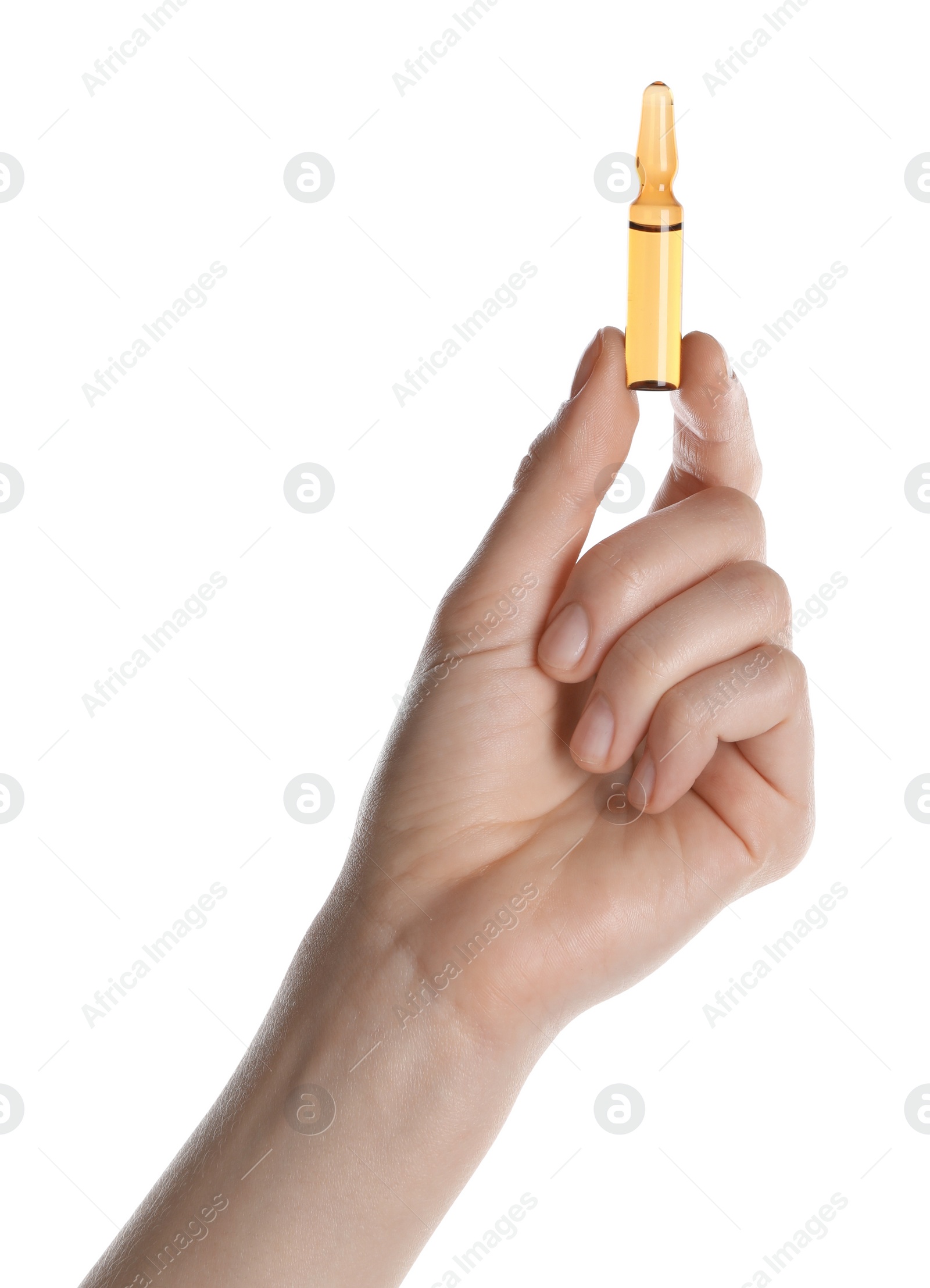 Photo of Woman holding glass ampoule with medication on white background, closeup