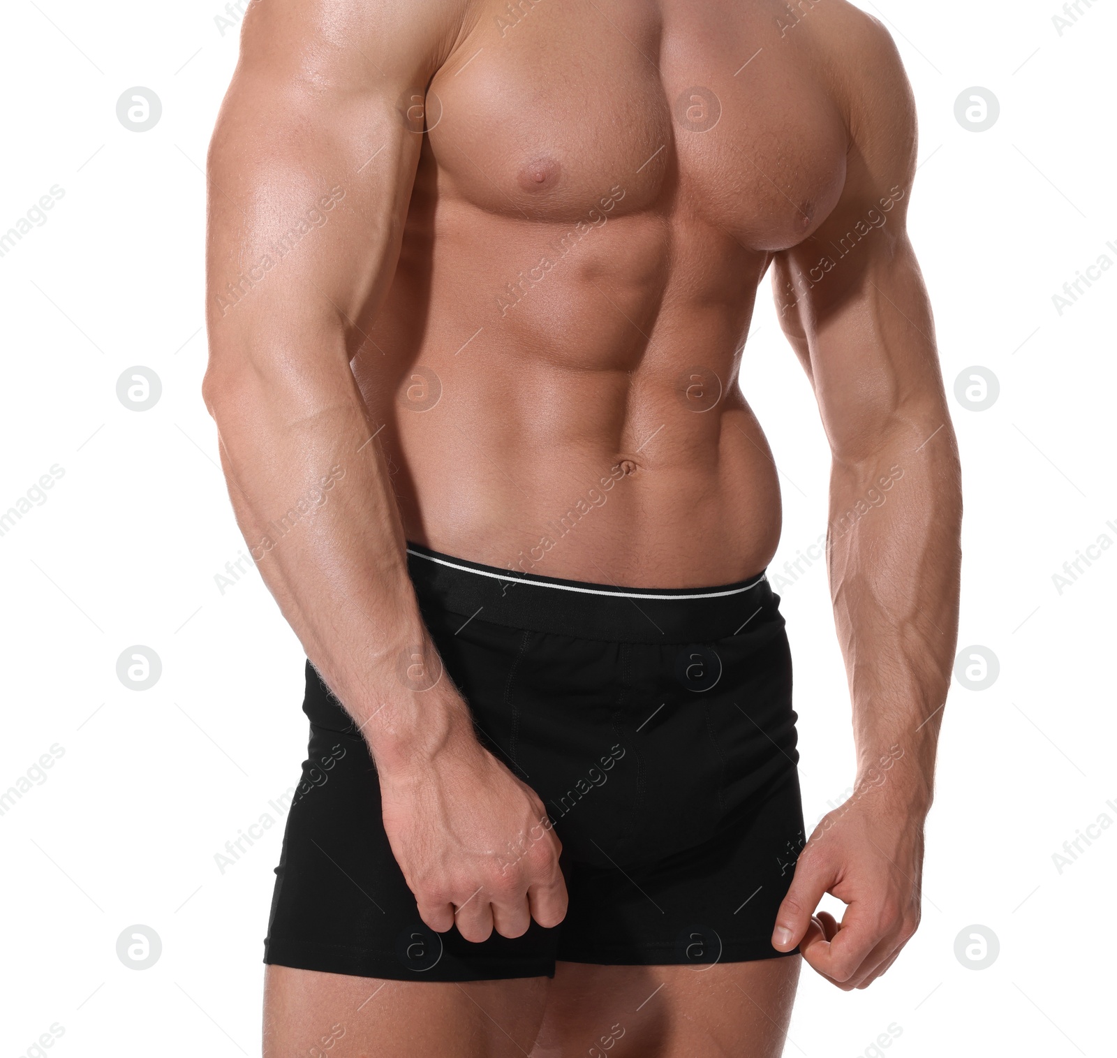 Photo of Young man is stylish black underwear on white background, closeup