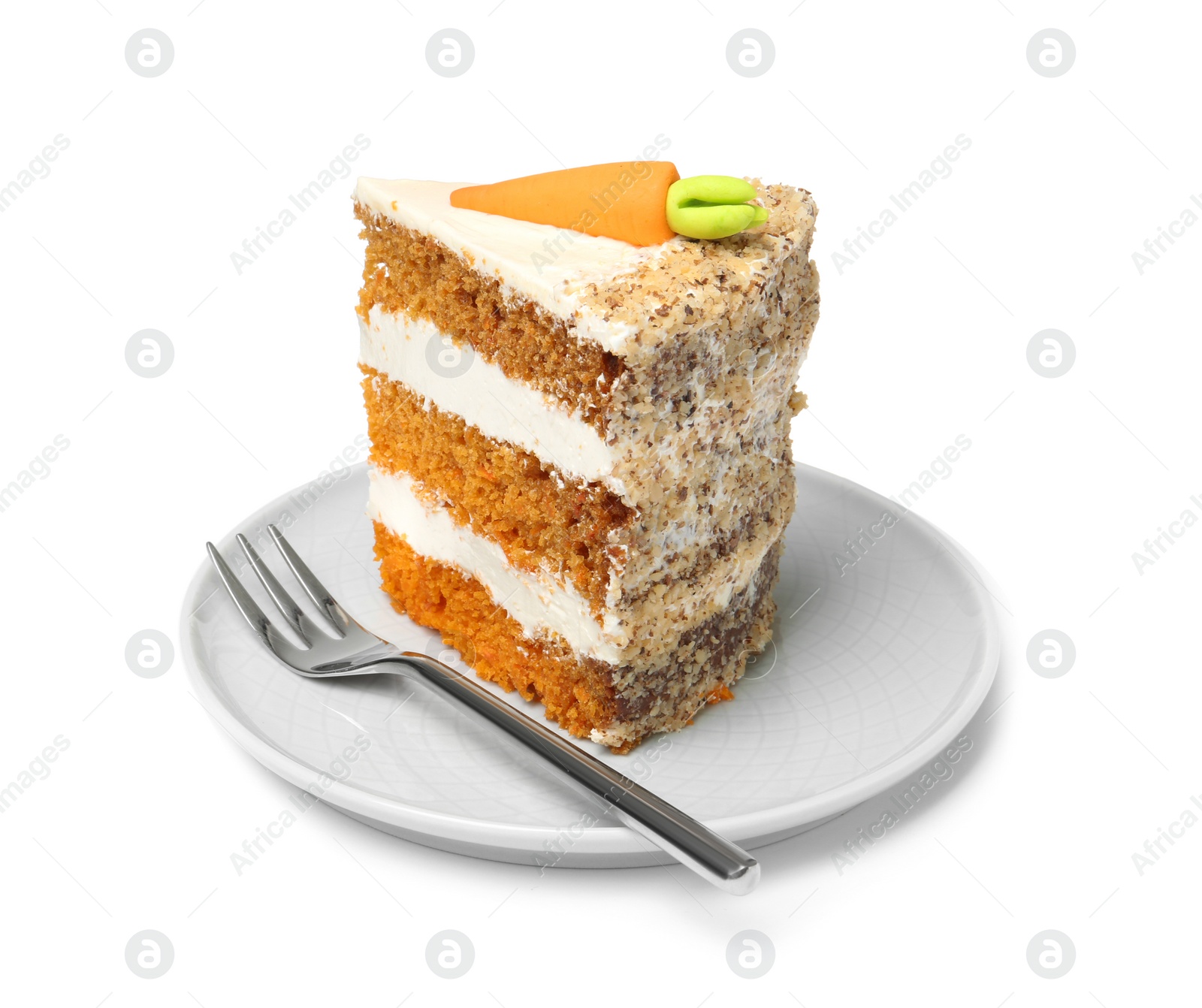 Photo of Piece of sweet carrot cake with delicious cream on plate against white background