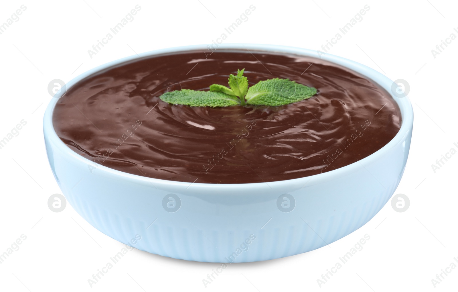 Photo of Delicious chocolate cream with mint in bowl on white background