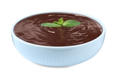 Photo of Delicious chocolate cream with mint in bowl on white background
