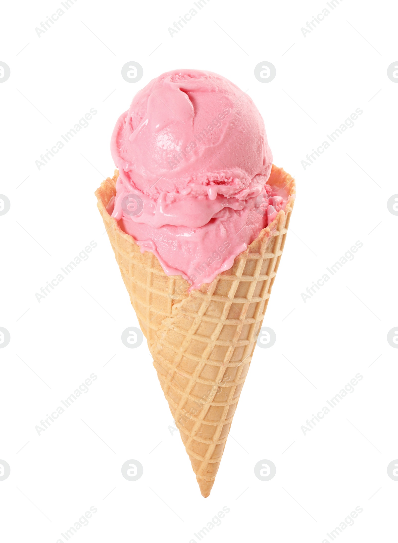 Photo of Delicious pink ice cream in waffle cone isolated on white