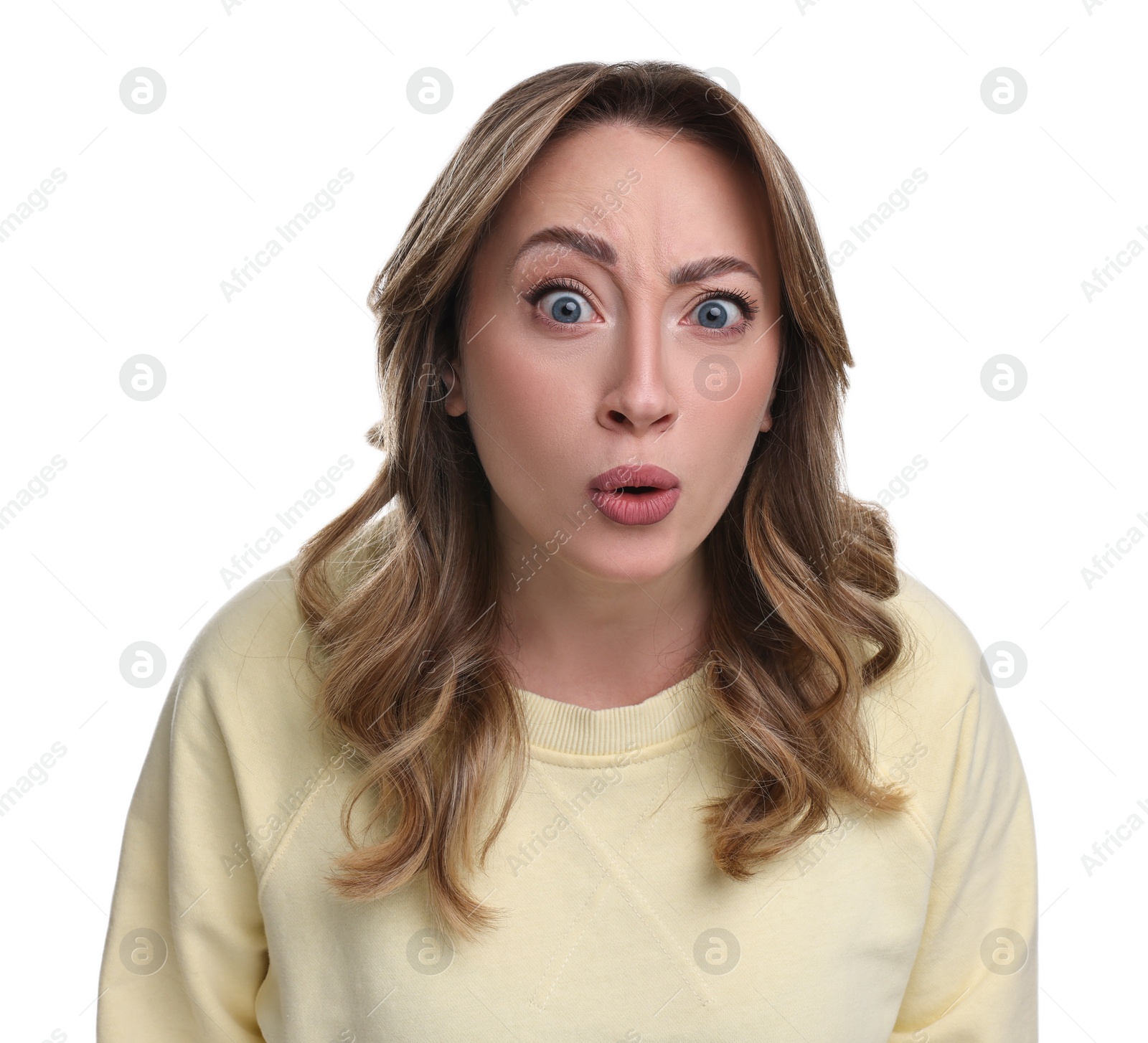 Photo of Portrait of surprised woman on white background