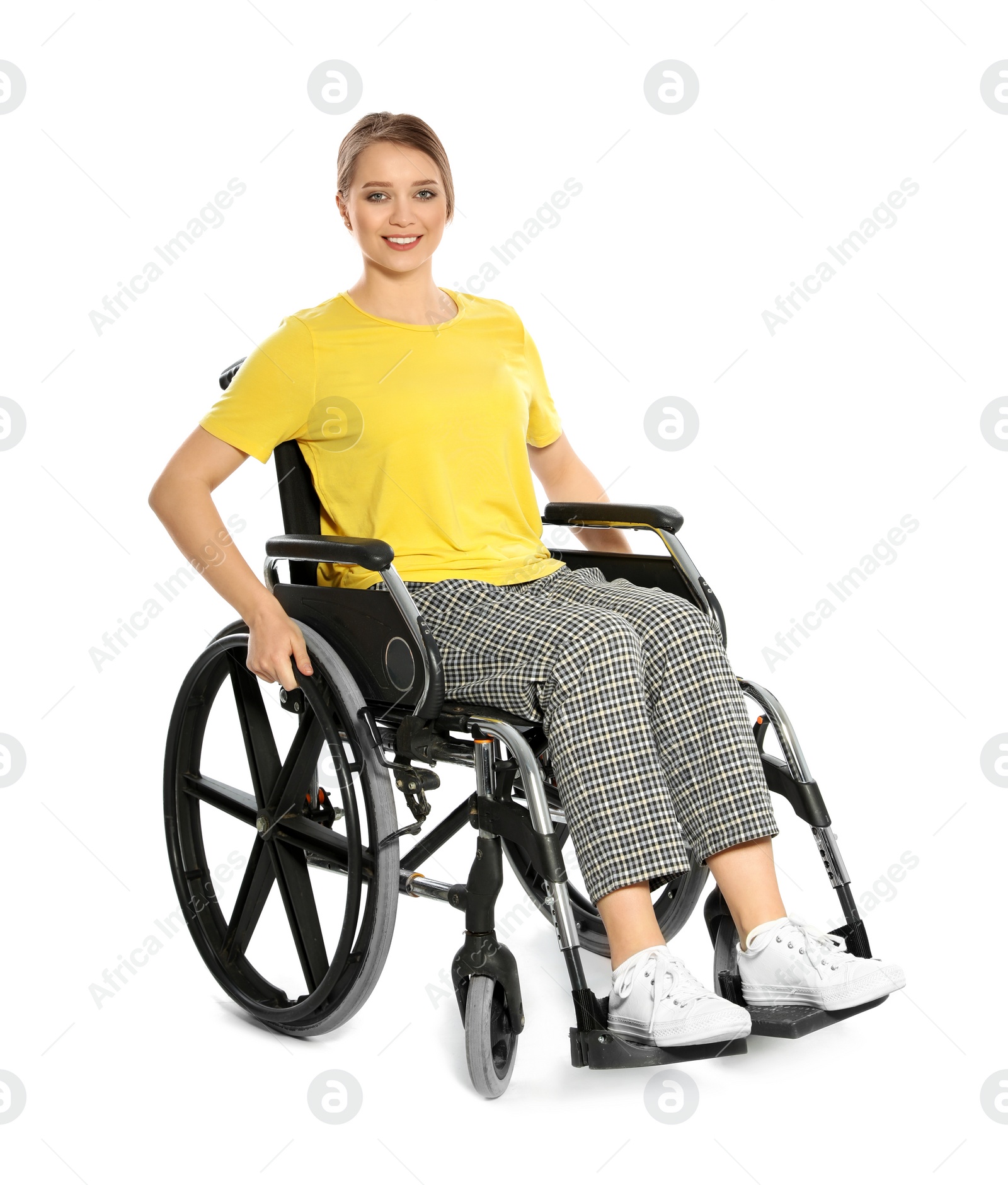 Photo of Portrait of beautiful woman in wheelchair isolated on white