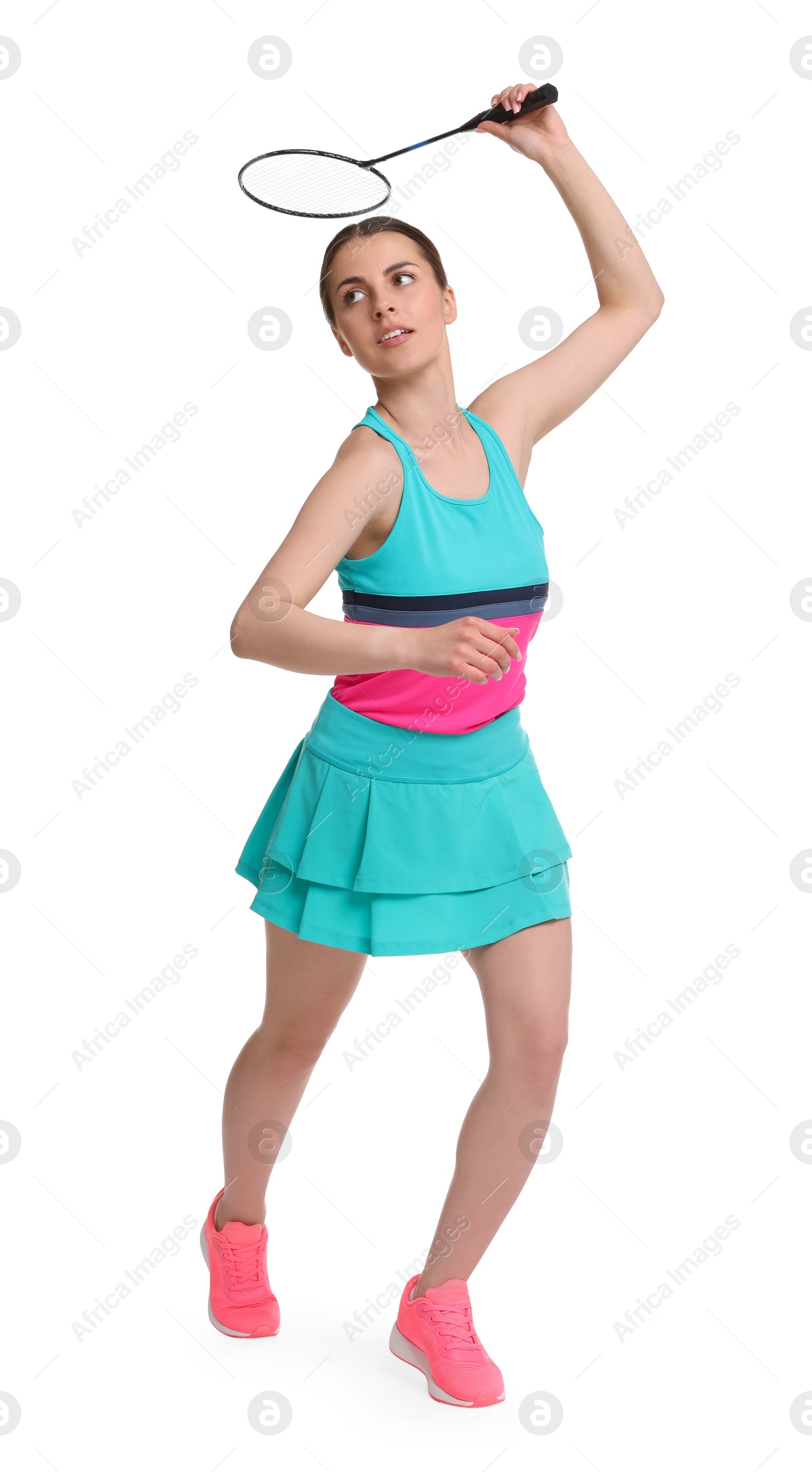 Photo of Young woman playing badminton with racket on white background