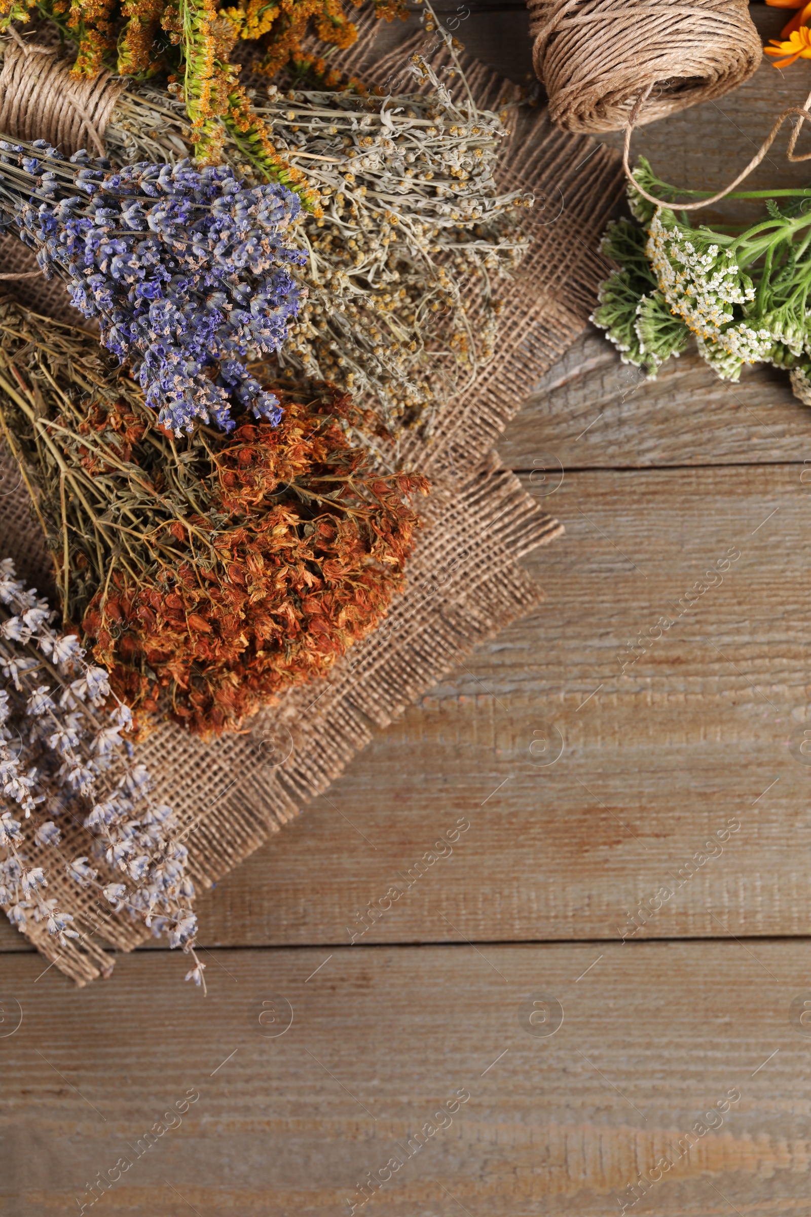 Photo of Different herbs, thread and burlap fabric on wooden table, flat lay. Space for text