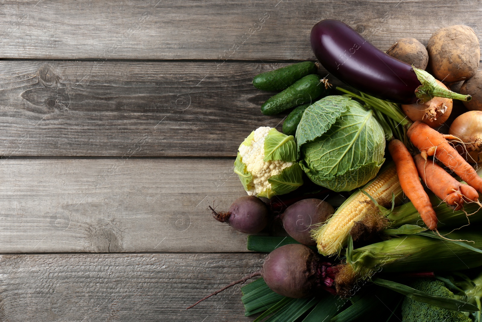 Photo of Different fresh ripe vegetables on wooden table, flat lay with space for text. Farmer produce