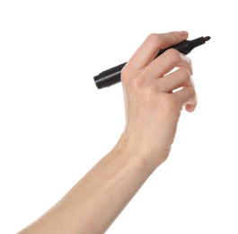 Woman holding black marker on white background, closeup