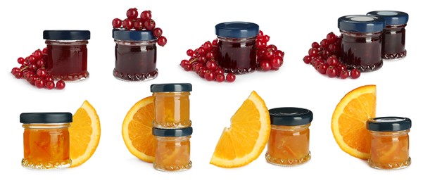 Image of Set with jars of different tasty jam on white background. Banner design 